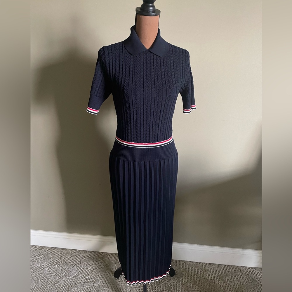 Thom Browne pleated knit polo collar midi dress in navy